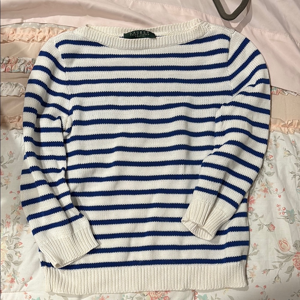 Ralph Lauren Blue and White Crew Neck Striped Sweater